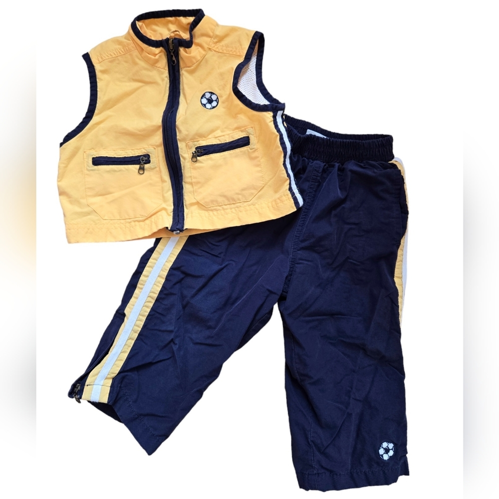 Vintage Y2K Kitestrings soccer yellow/navy blue vest and windbreaker pants
